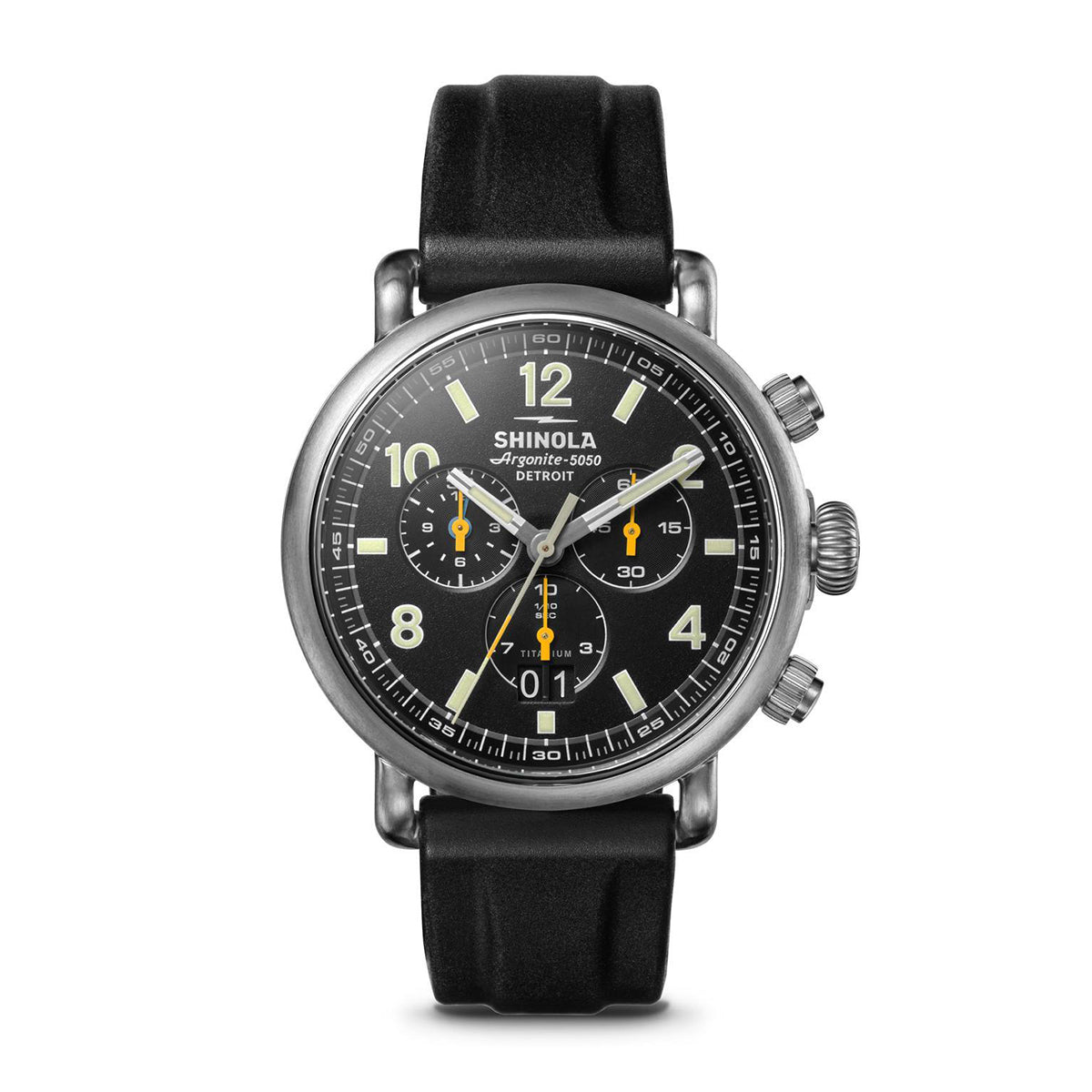 titanium men's Shinola Runwell quartz watch with black dial