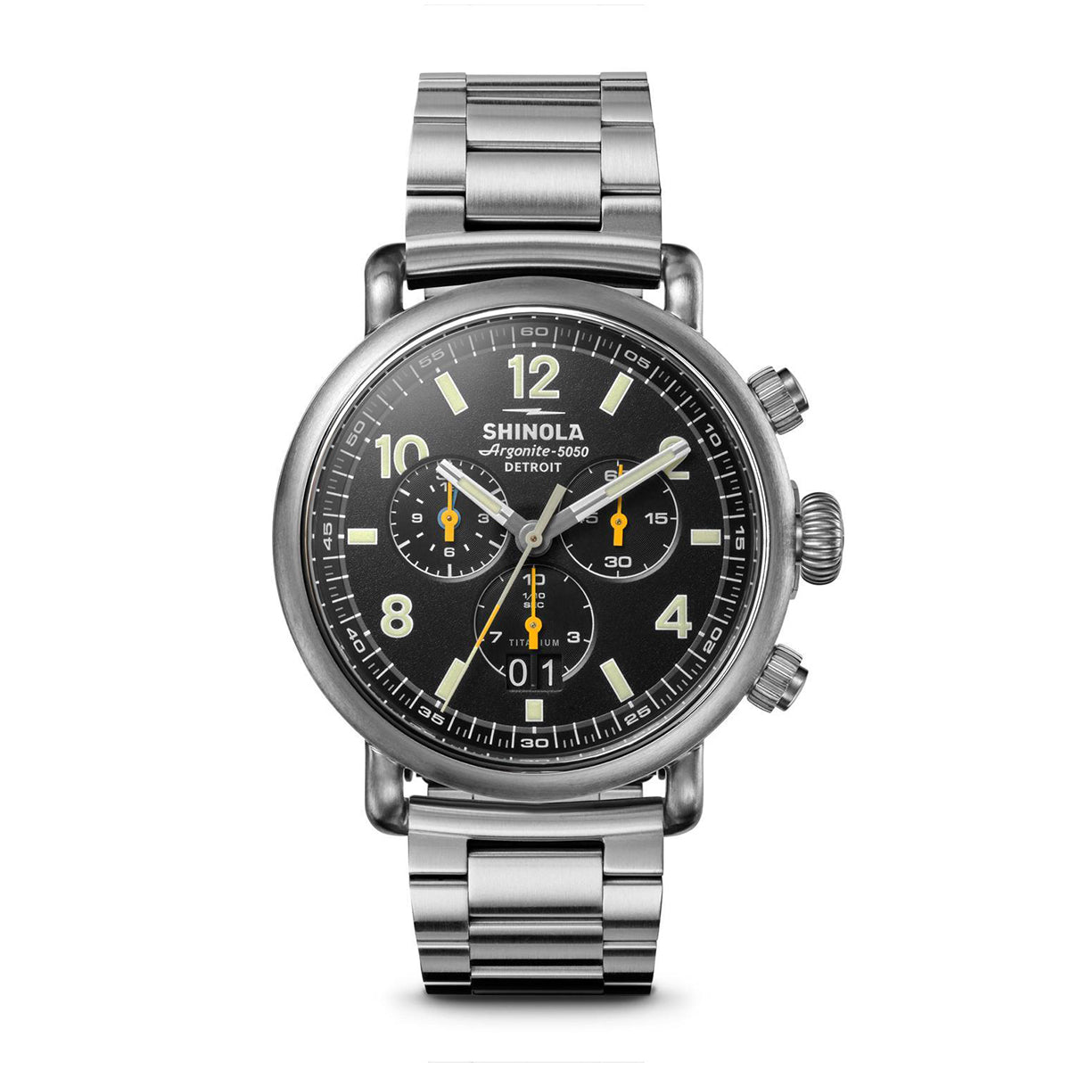 titanium men's Shinola Runwell quartz watch with black dial