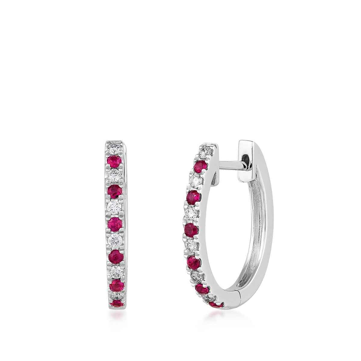 Ruby & 1/7 ct. tw. Diamond Hoop Earrings in 14K White Gold