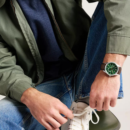 Fossil green dial brown leather strap watch model