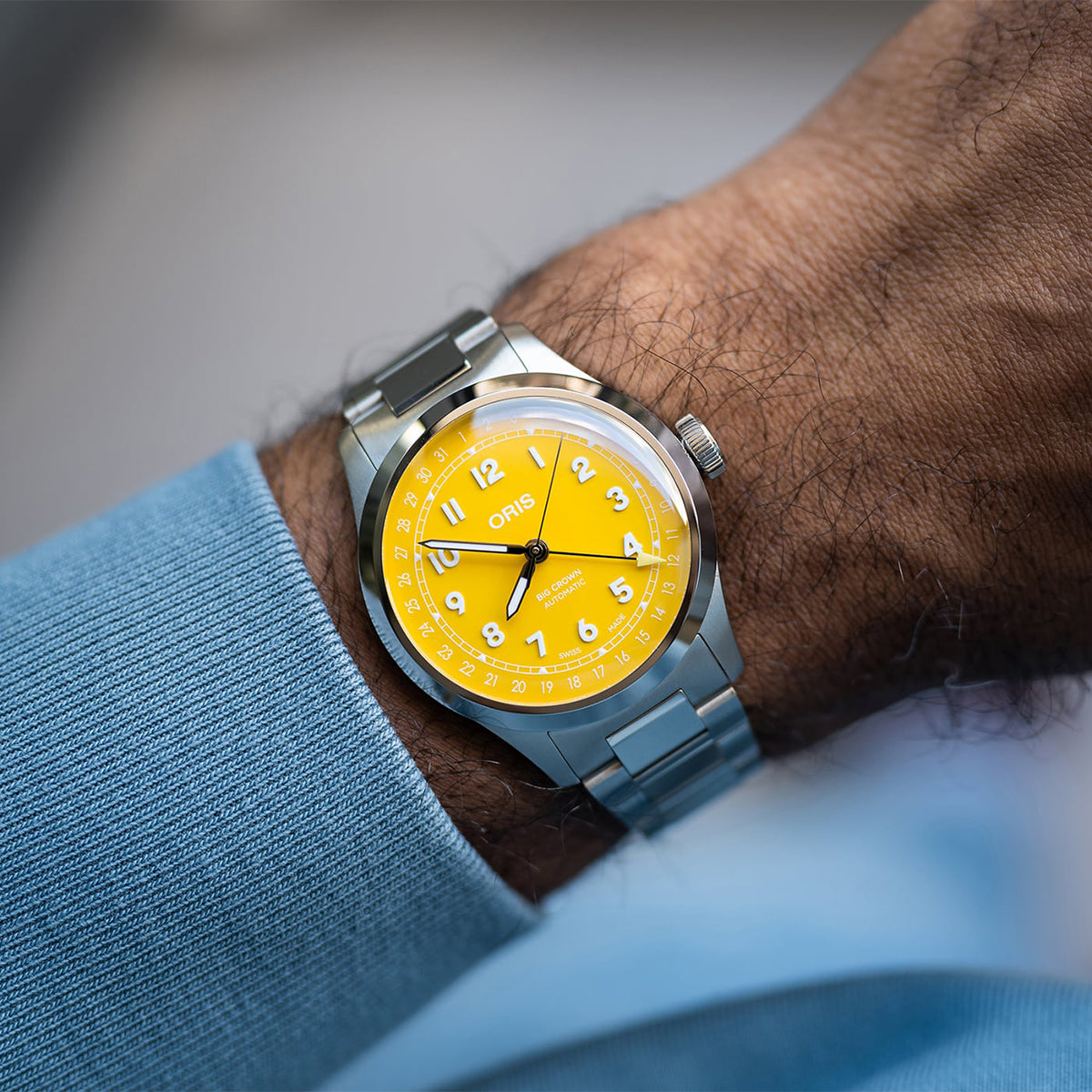 yellow dial big crown automatic oris watch