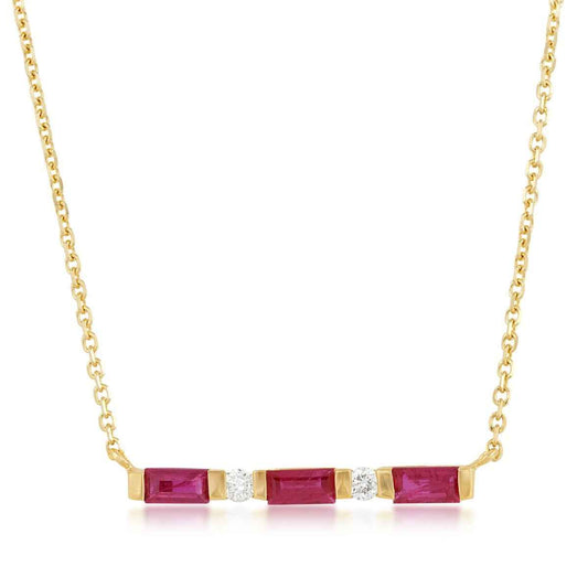 Baguette Ruby & Diamond Accent Bar Necklace in 14K Yellow Gold