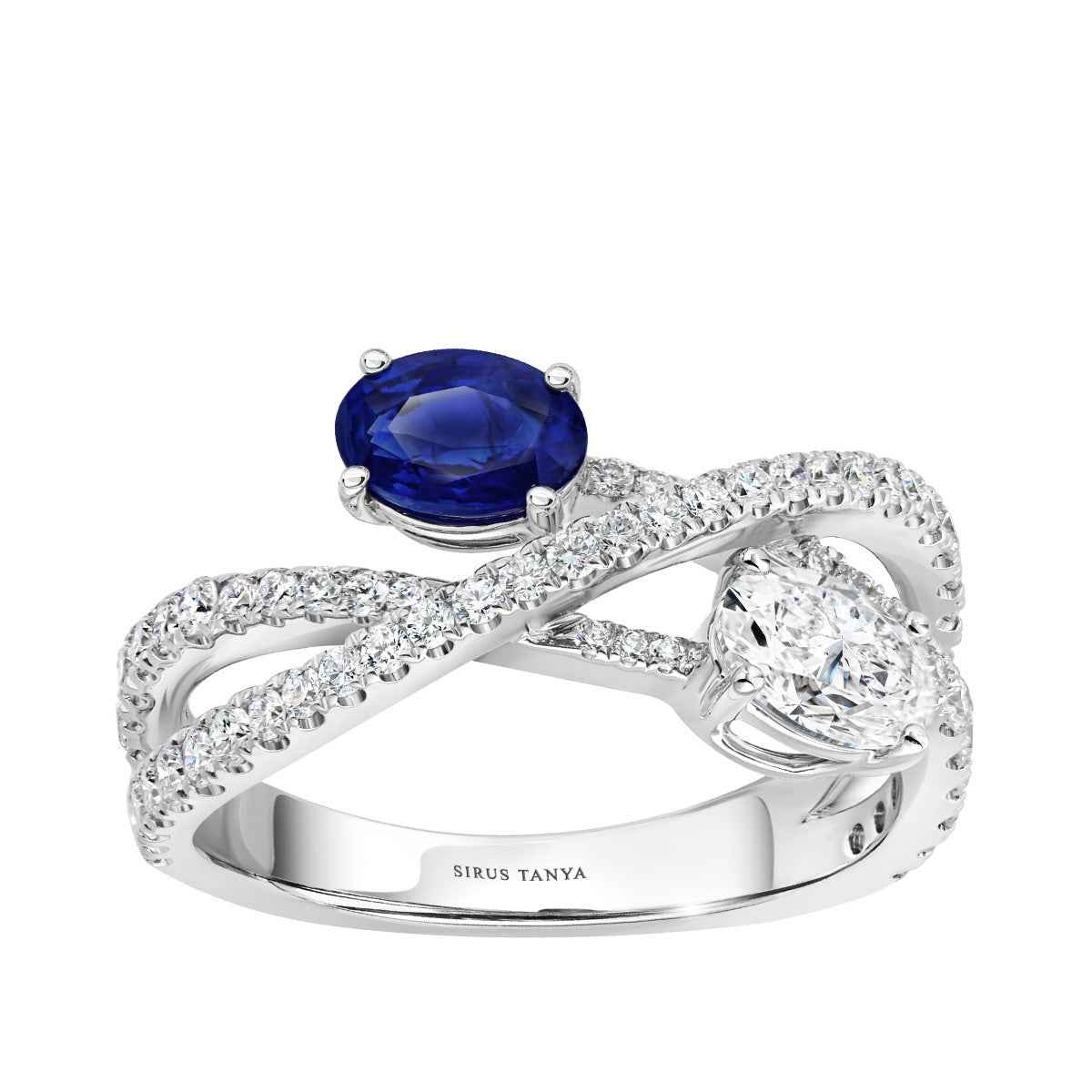 Sirus Tanya 1-1/7 ct. tw. Oval Diamond & Sapphire Crossover Ring in 18K White Gold
