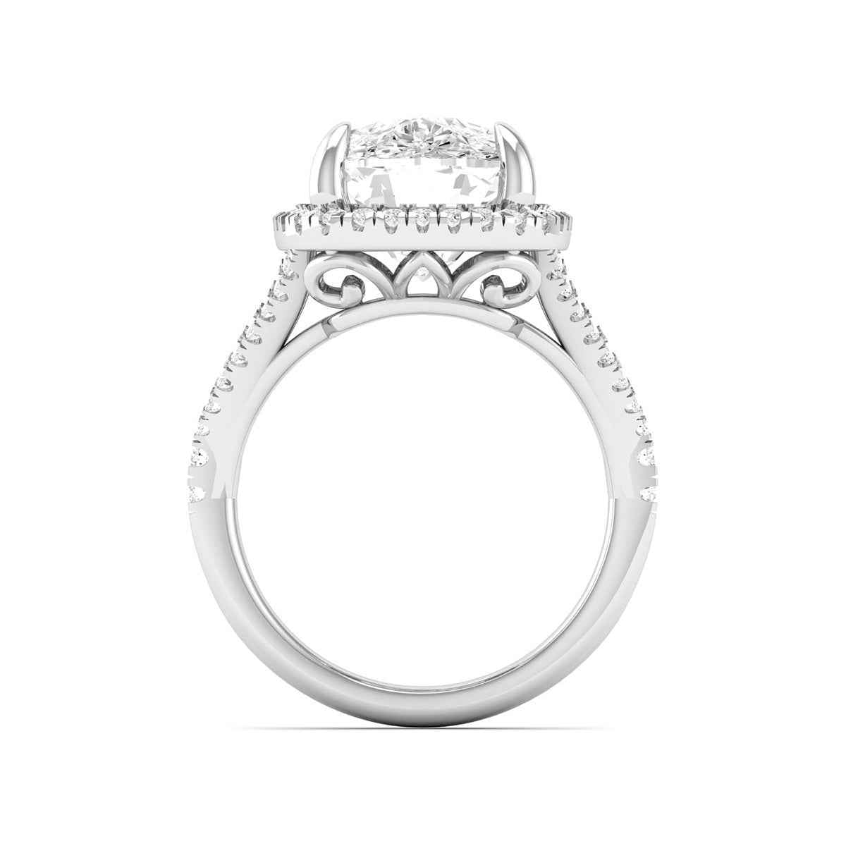Adamante 4-1/2 ct. tw. Lab-Grown Cushion Diamond Halo Split Shank Engagement Ring in 14K White Gold close-up detail