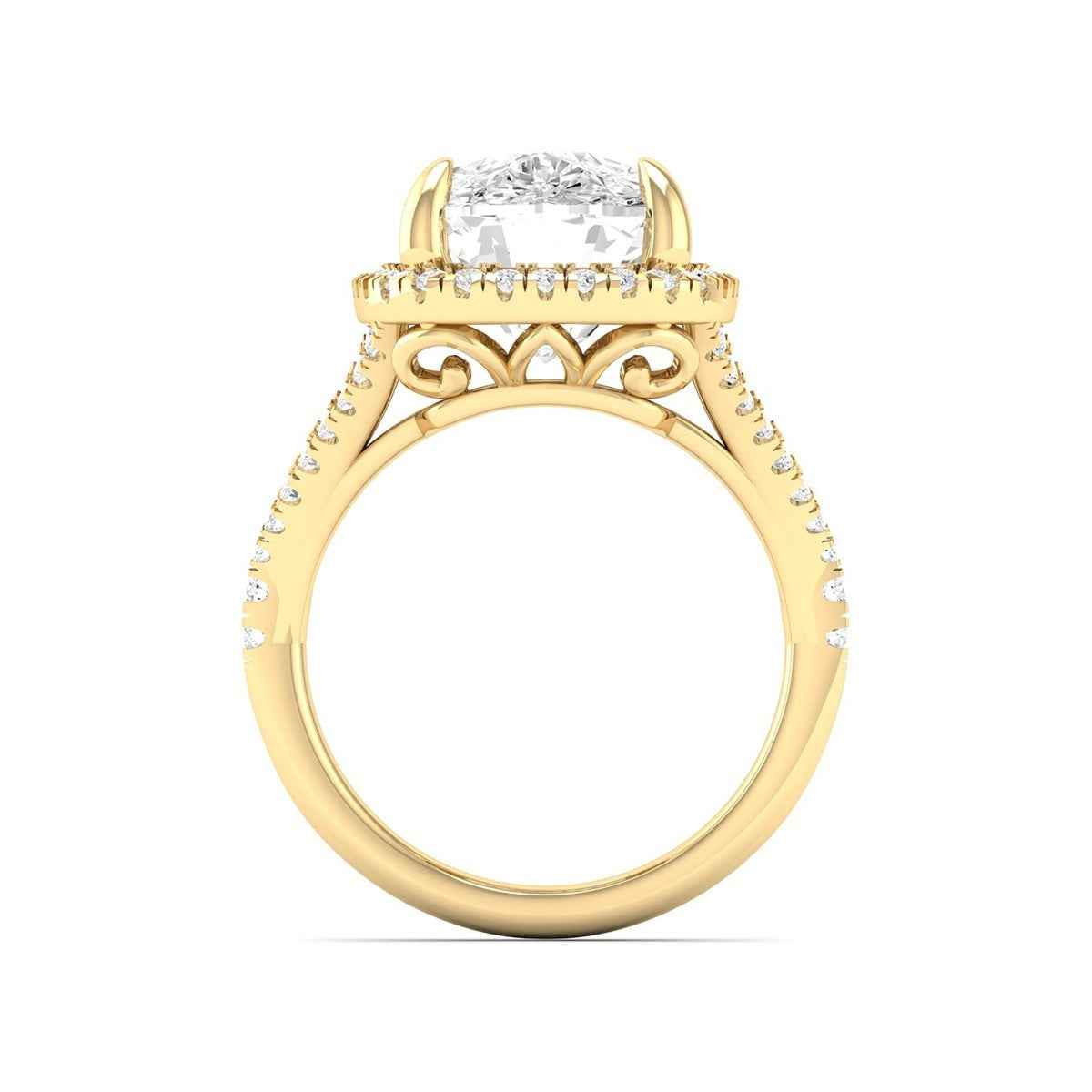 Adamante 4-1/2 ct. tw. Lab-Grown Cushion Diamond Halo Split Shank Engagement Ring in 14K Yellow Gold close-up detail
