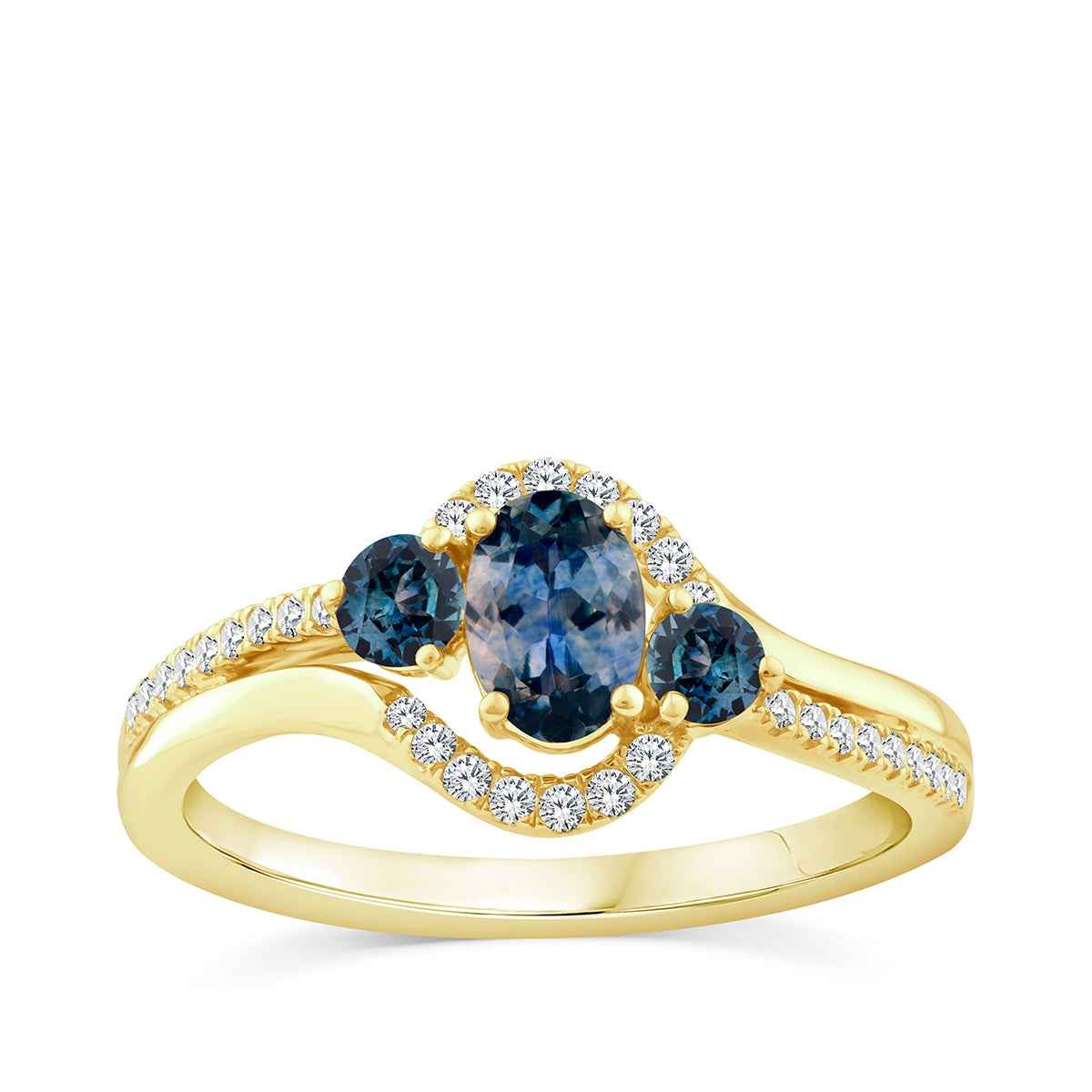 American Colors Oval & Round Montana Sapphire & 1/8 ct. tw. Diamond Halo Ring in 10K Yellow Gold