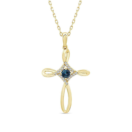 American Colors Round Montana Sapphire & Diamond Accent Loop Cross Pendant in 10K Yellow Gold