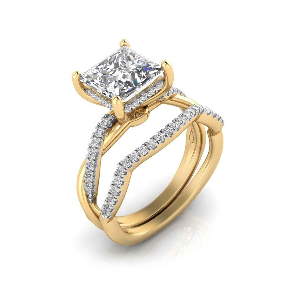 Adamante 2-9/10 ct. tw. Lab-Grown Princess Cut Diamond Hidden Halo Twist Wedding Set in 14K Yellow Gold front view