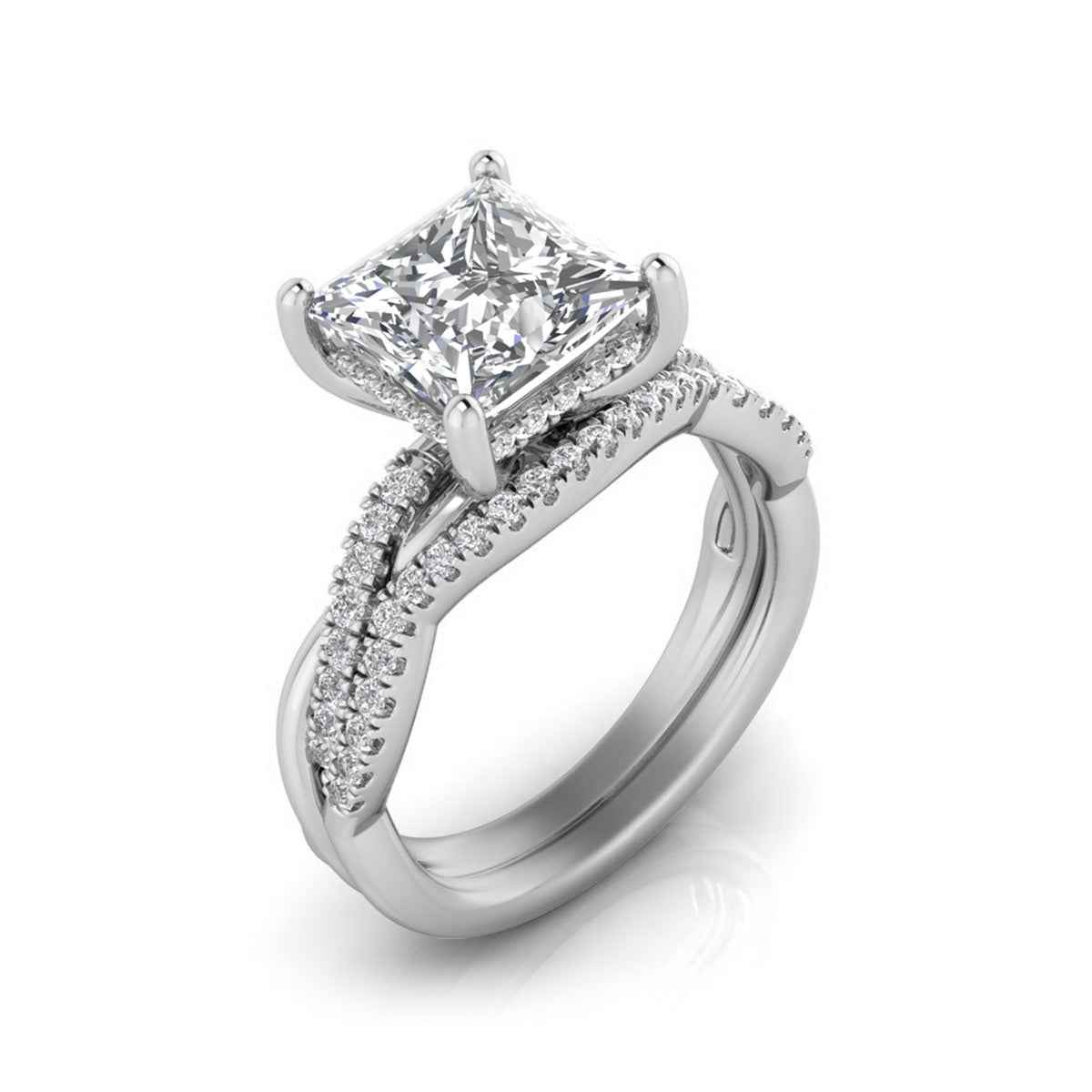 Adamante 2-9/10 ct. tw. Lab-Grown Princess Cut Diamond Hidden Halo Twist Wedding Set in 14K White Gold front view