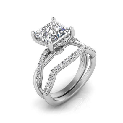 Adamante 2-9/10 ct. tw. Lab-Grown Princess Cut Diamond Hidden Halo Twist Wedding Set in 14K White Gold close-up detail