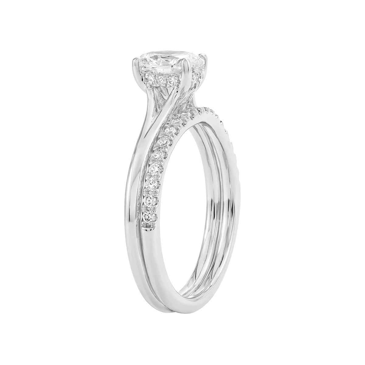 Natural 1 ct. tw. Oval Diamond Split Shank Wedding Set in 14K White Gold front view