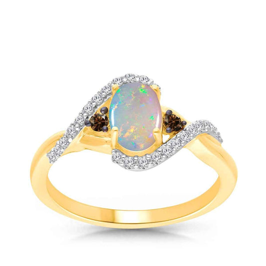 Kallati Oval Opal & 1/5 ct. tw. Mocha Diamond Ring in 14K Yellow Gold