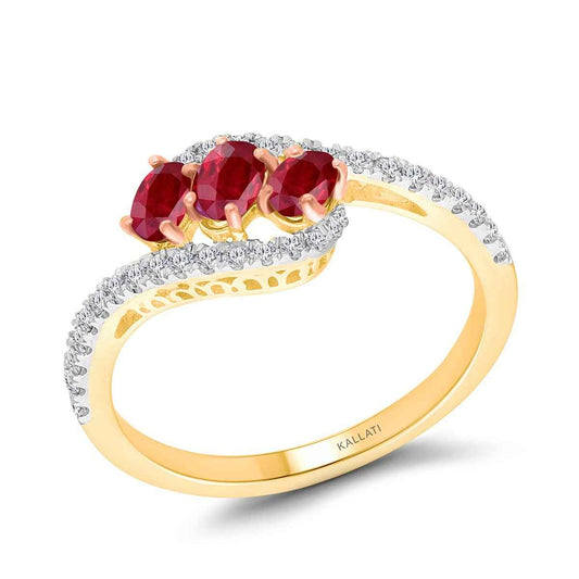 Kallati 3-Stone Oval Ruby & 1/4 ct. tw. Diamond Ring in 14K Yellow Gold front view