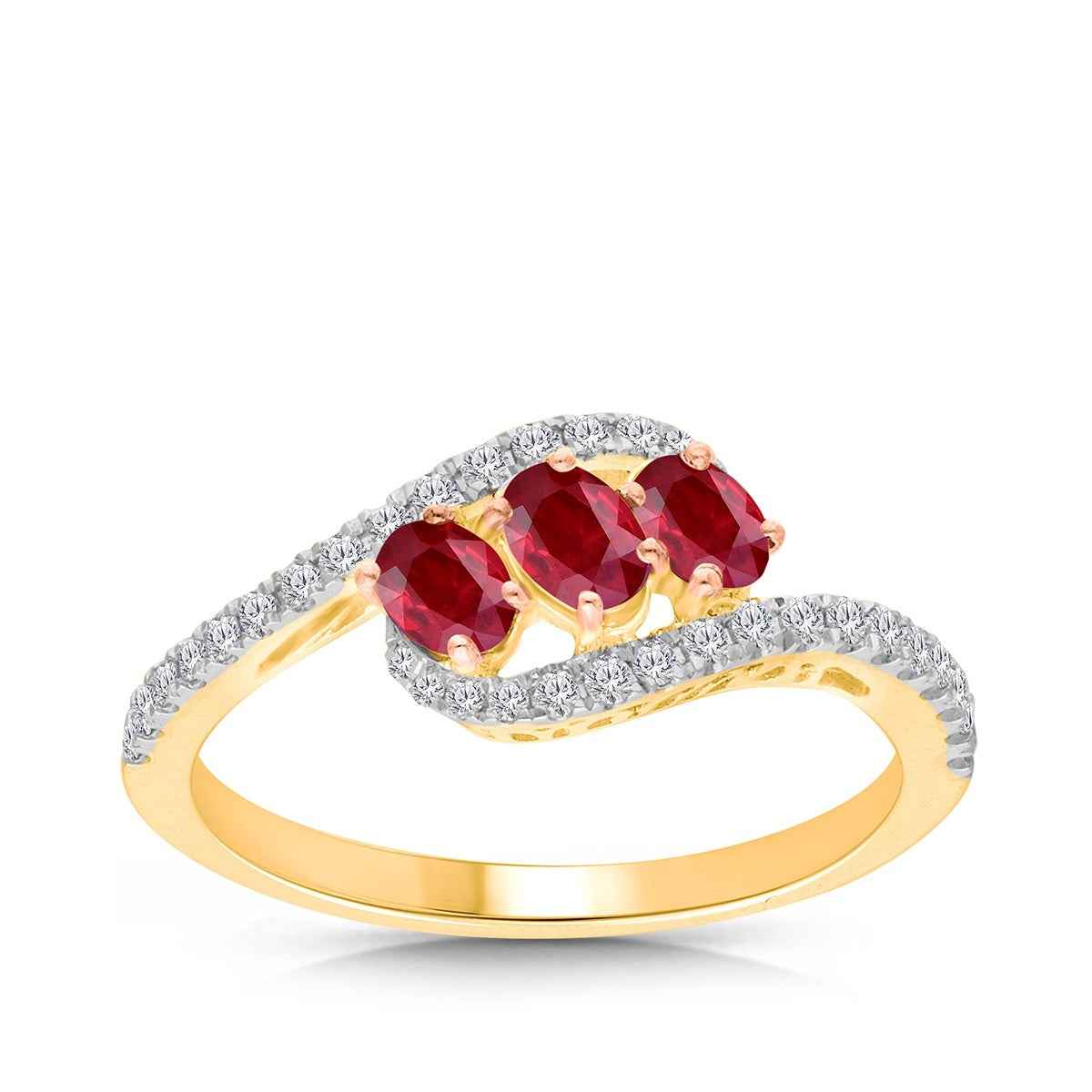 Kallati 3-Stone Oval Ruby & 1/4 ct. tw. Diamond Ring in 14K Yellow Gold