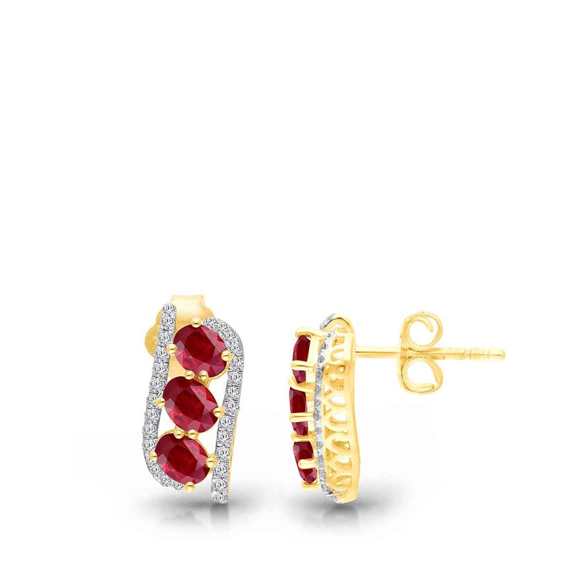 Kallati 3-Stone Oval Ruby & 1/5 ct. tw. Diamond Earrings in 14K Yellow Gold