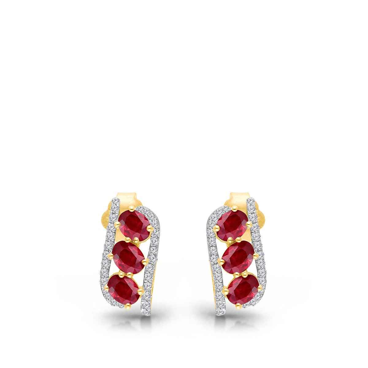 Kallati 3-Stone Oval Ruby & 1/5 ct. tw. Diamond Earrings in 14K Yellow Gold front view