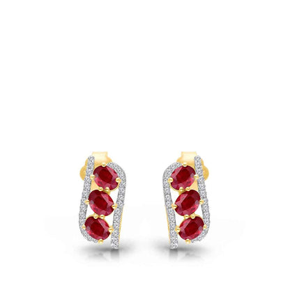 Kallati 3-Stone Oval Ruby & 1/5 ct. tw. Diamond Earrings in 14K Yellow Gold front view