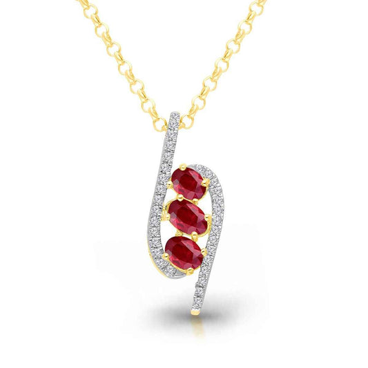 Kallati 3-Stone Oval Ruby & 1/7 ct. tw. Diamond Pendant in 14K Yellow Gold