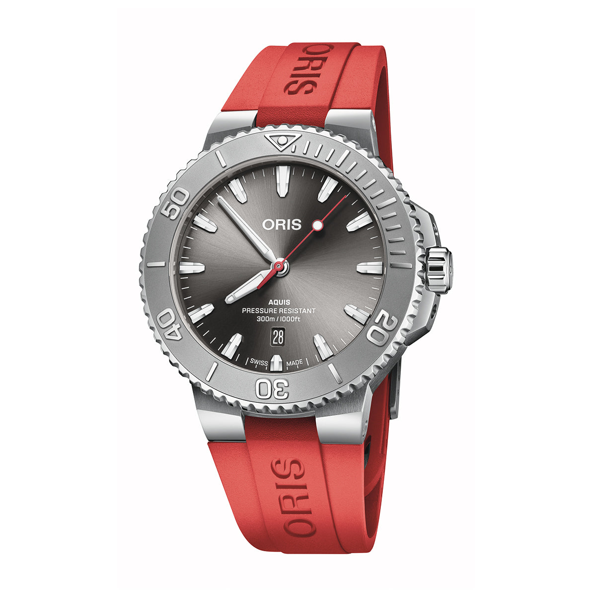 gray dial red rubber strap oris aquis automatic watch