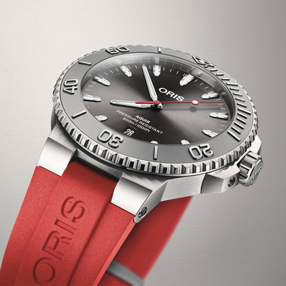 gray dial red rubber strap oris aquis automatic watch