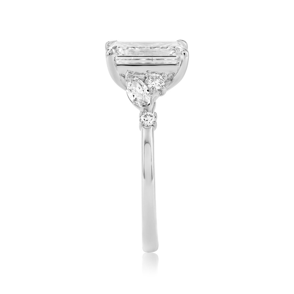Adamante 3-1/2 ct. tw. Lab-Grown Emerald Cut & Marquise & Round Diamond Engagement Ring in 14K White Gold side profile