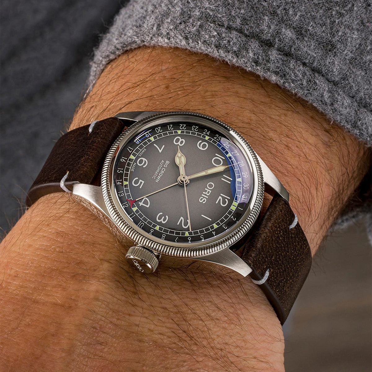 volante brown leather strap grey dial oris watch automatic model
