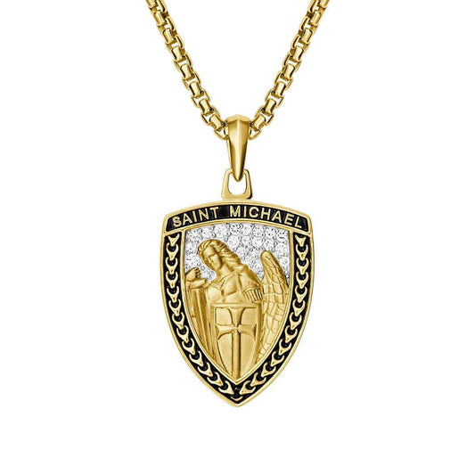 Bulova Men's White Topaz Saint Michael Pendant in 14K Yellow Gold Micro Plated Sterling Silver