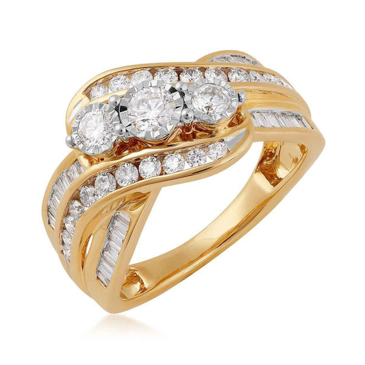 1 ct. tw. Diamond 3-Stone Multi-Row Ring in 10K Yellow Gold front view (2)