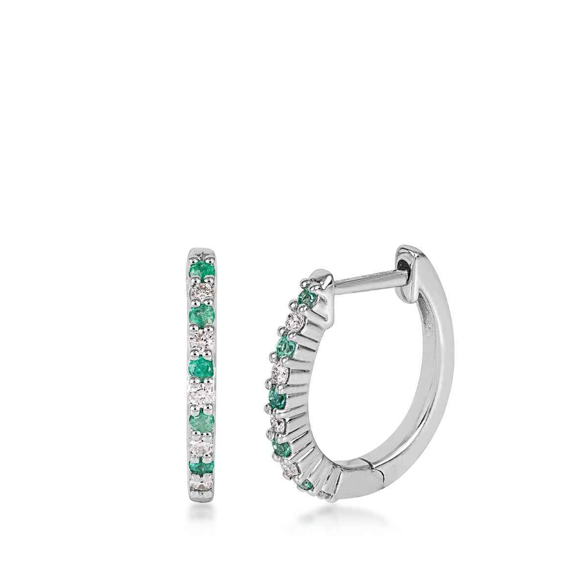 Round Emerald & 1/8 ct. tw. Diamond Hoop Earrings in 14K White Gold
