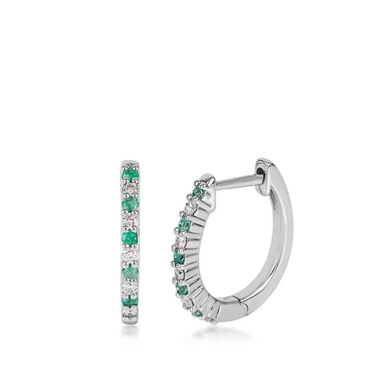 Round Emerald & 1/8 ct. tw. Diamond Hoop Earrings in 14K White Gold