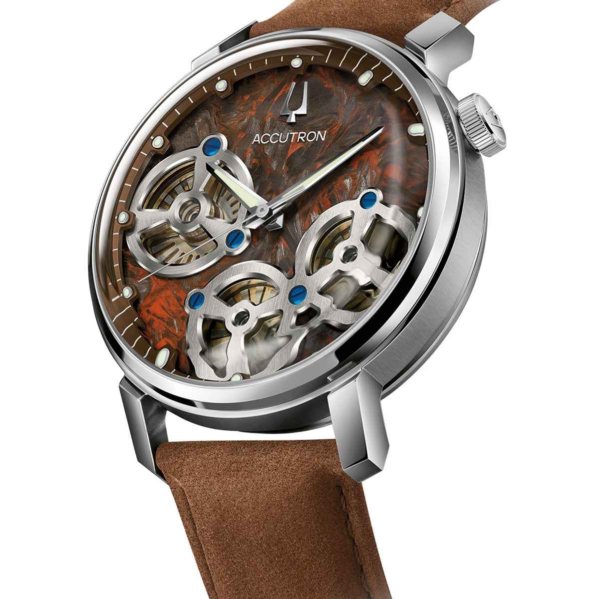 Accutron Men's Spaceview Evolution Automatic Stainless Steel Watch with Brown Dial & Leather Strap front view