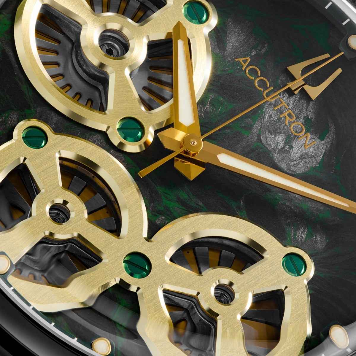 Accutron Men's Spaceview Evolution Automatic Black Stainless Steel Watch with Green Dial & Leather Strap side profile