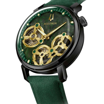 Accutron Men's Spaceview Evolution Automatic Black Stainless Steel Watch with Green Dial & Leather Strap front view