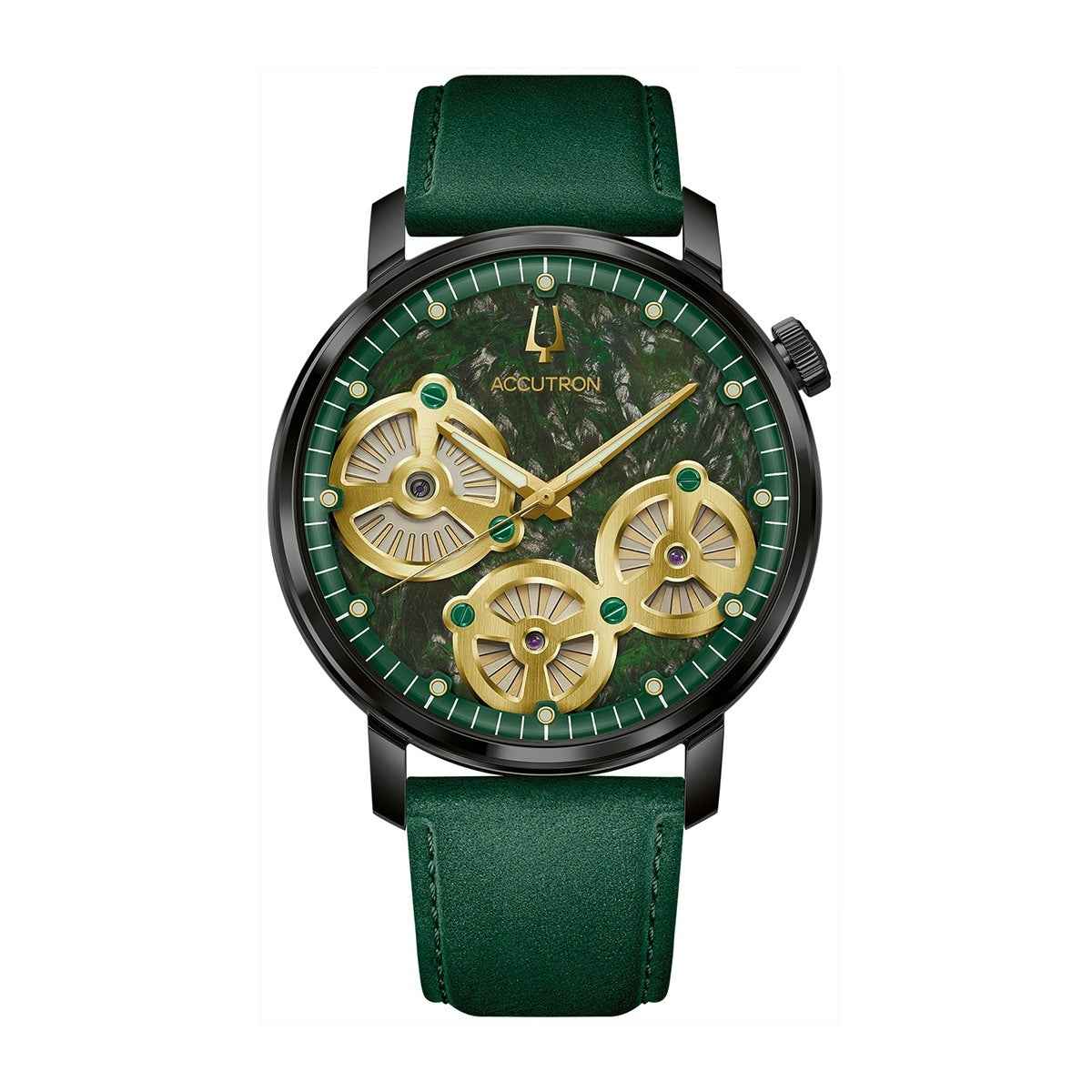 Accutron Men's Spaceview Evolution Automatic Black Stainless Steel Watch with Green Dial & Leather Strap