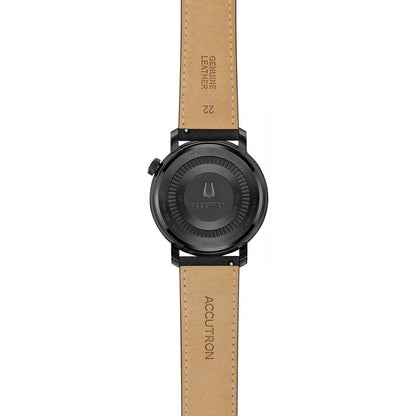 Accutron Men's Spaceview Evolution Automatic Black Stainless Steel Watch with Black Dial & Leather Strap close-up detail