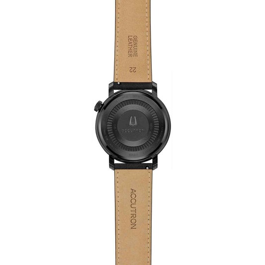 Accutron Men's Spaceview Evolution Automatic Black Stainless Steel Watch with Black Dial & Leather Strap close-up detail