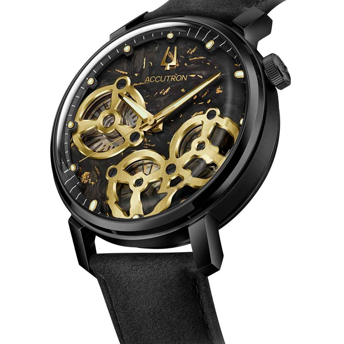 Accutron Men's Spaceview Evolution Automatic Black Stainless Steel Watch with Black Dial & Leather Strap front view