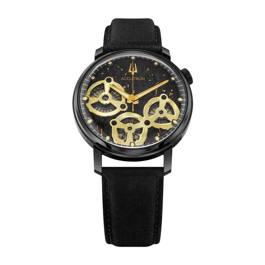 Accutron Men's Spaceview Evolution Automatic Black Stainless Steel Watch with Black Dial & Leather Strap