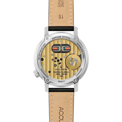 Accutron Men's Spaceview 314 Automatic Stainless Steel Watch with Green Dial & Black Leather Strap close-up detail