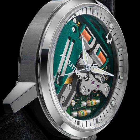 Accutron Men's Spaceview 314 Automatic Stainless Steel Watch with Green Dial & Black Leather Strap side profile