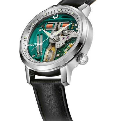 Accutron Men's Spaceview 314 Automatic Stainless Steel Watch with Green Dial & Black Leather Strap front view