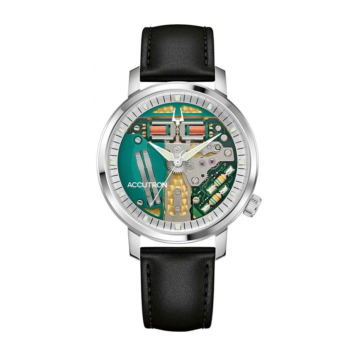 Accutron Men's Spaceview 314 Automatic Stainless Steel Watch with Green Dial & Black Leather Strap