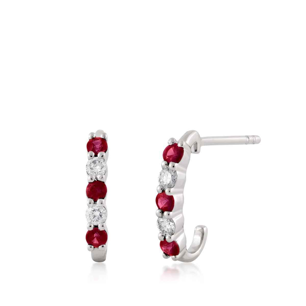 Round Ruby & 1/4 ct. tw. Diamond J Hoop Earrings in 14K White Gold