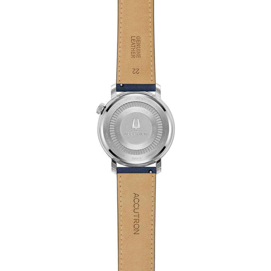 Accutron Men's Spaceview Evolution Automatic Stainless Steel Watch with Blue Dial & Leather Strap close-up detail