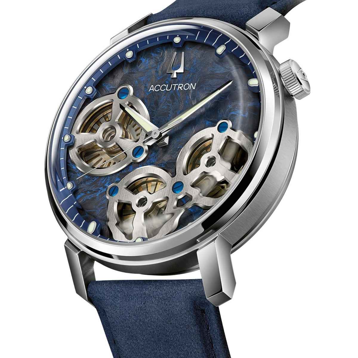 Accutron Men's Spaceview Evolution Automatic Stainless Steel Watch with Blue Dial & Leather Strap front view