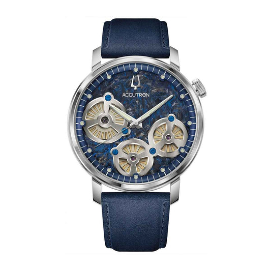Accutron Men's Spaceview Evolution Automatic Stainless Steel Watch with Blue Dial & Leather Strap