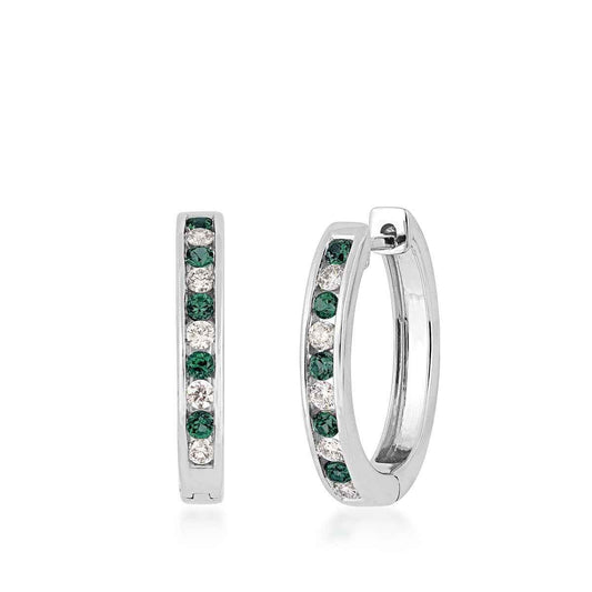 Round Emerald & 1/2 ct. tw. Diamond Hoop Earrings in 14K White Gold