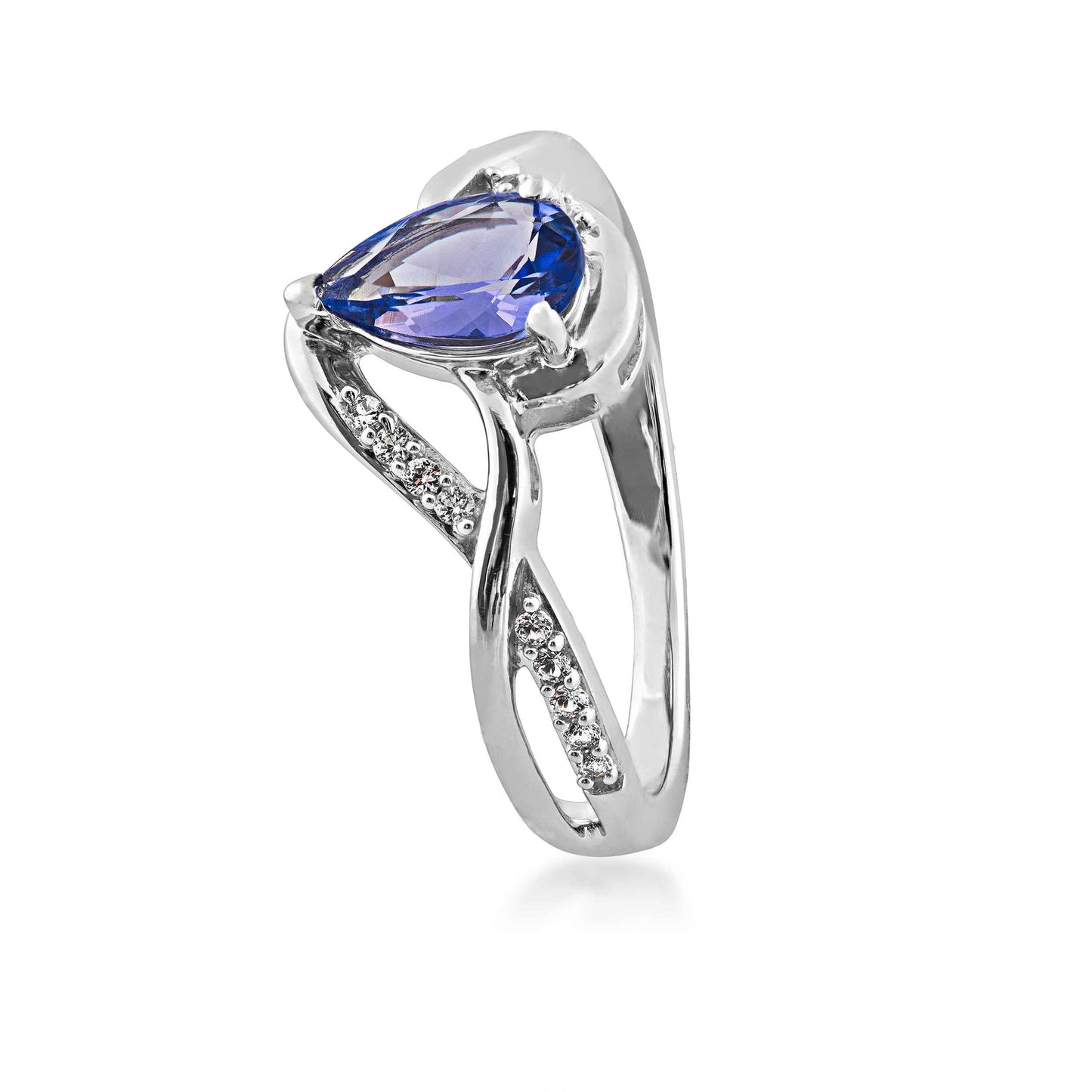 Genuine Pear-Shaped Tanzanite Fashion Ring with White Sapphire Accent in Sterling Silver front view