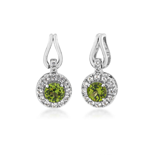Genuine Round Peridot Fashion Earrings with White Sapphire Halos in Sterling Silver