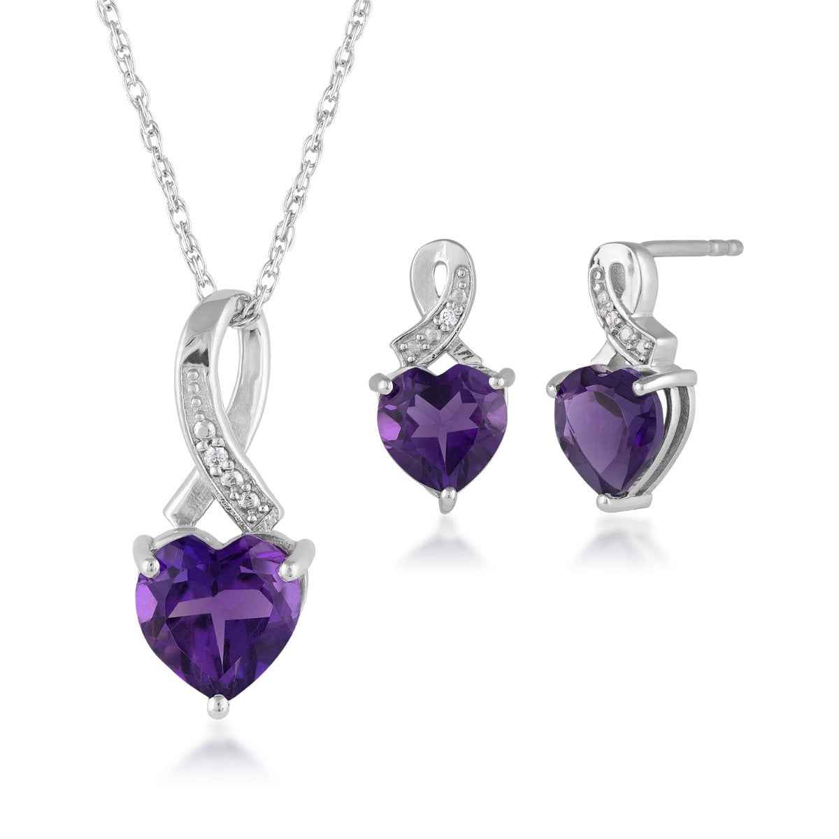 Heart Amethyst & Diamond Accent Pendant & Earring Box Set in Sterling Silver
